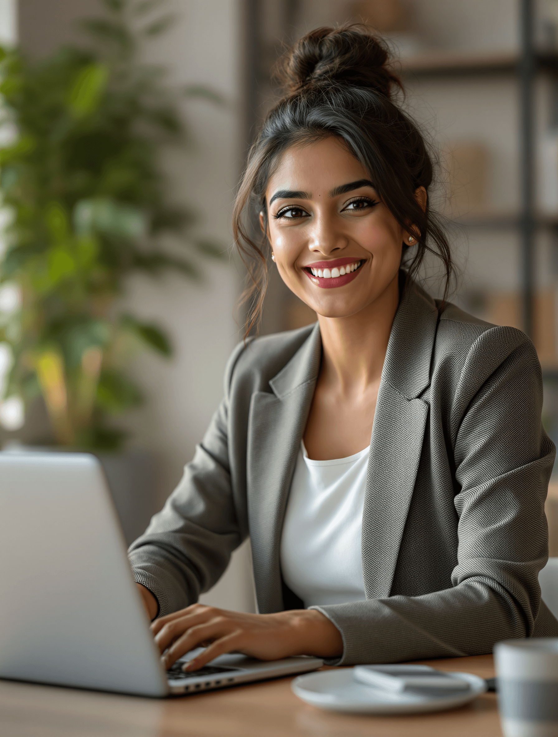 A learner completing her online degree coursework on a laptop